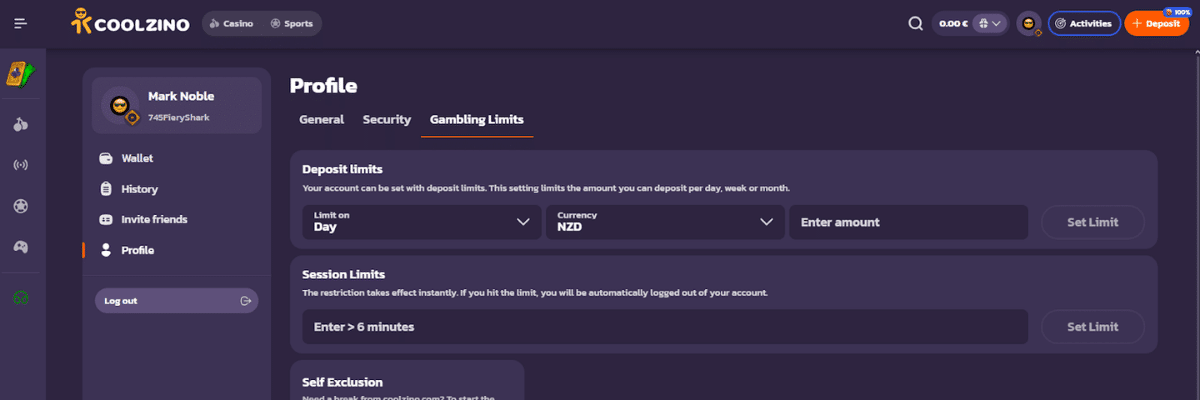 coolzino profile gambling limits