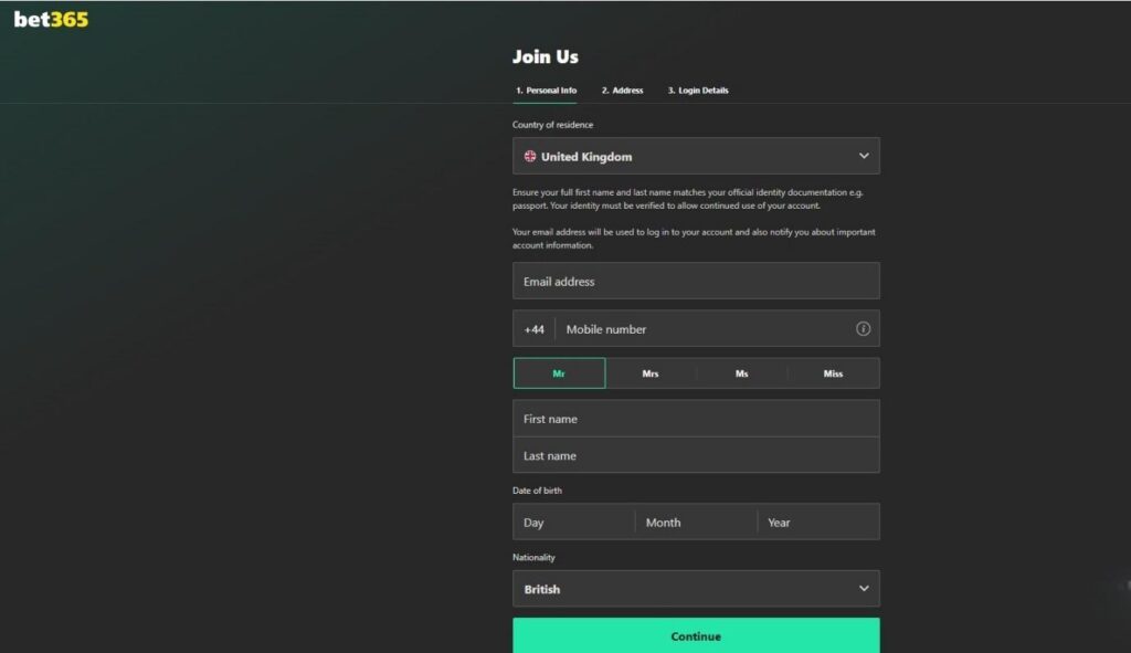 Sign Up Process at Bet365